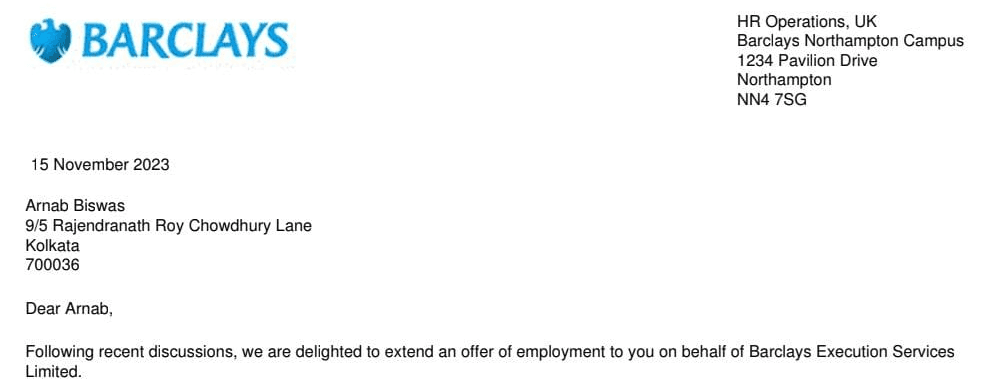 Arnab Biswas — Barclays UK offer letter